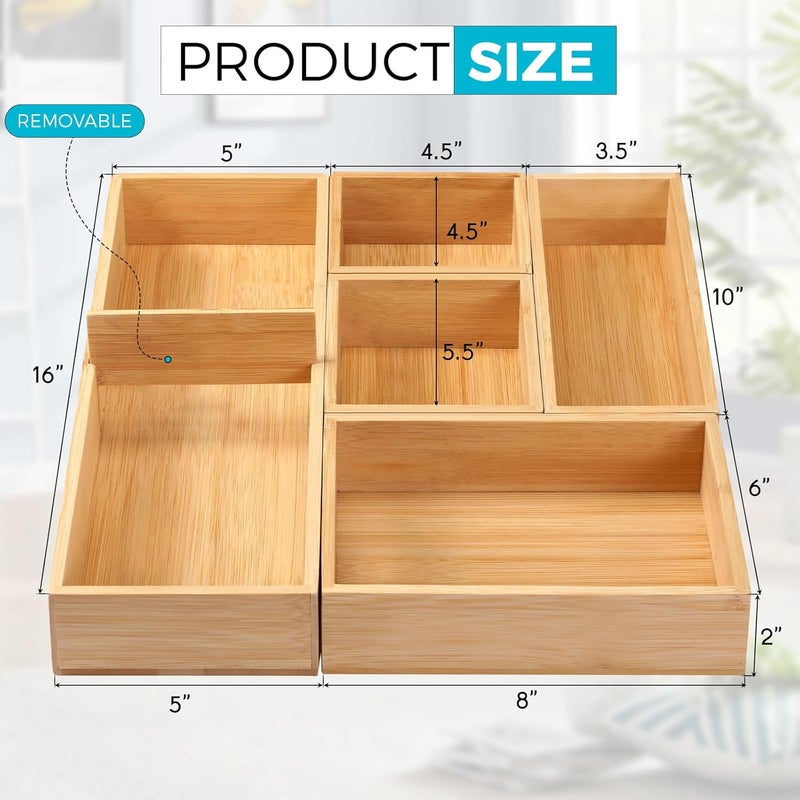 Fabsome Bathroom Drawer Organizer, Bamboo Box Bin for Junk Vanity Desk Makeup Drawer, Small Wooden Container Tea Storage Organization Tray for Kitchen Office, Set of 5 - Image 2